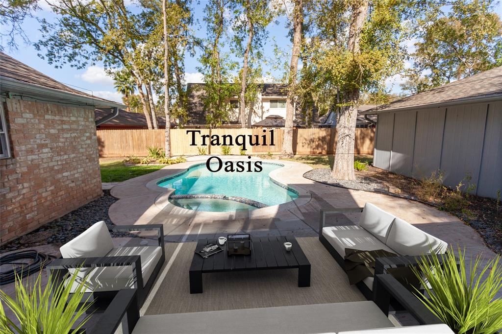 Tranquil oasis perfect for entertaining or relaxing, featuring landscaped gardens and soft lighting for an ideal retreat.