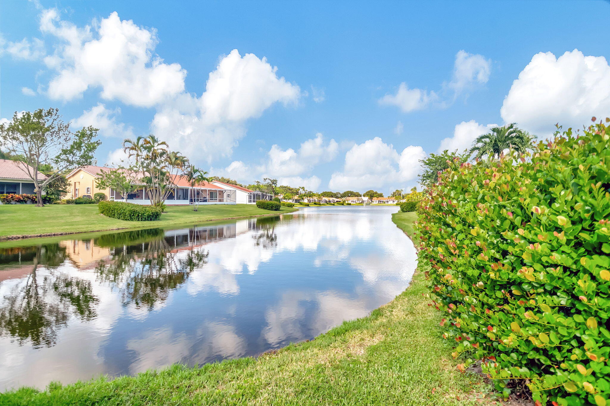 a view of a lake with a yard