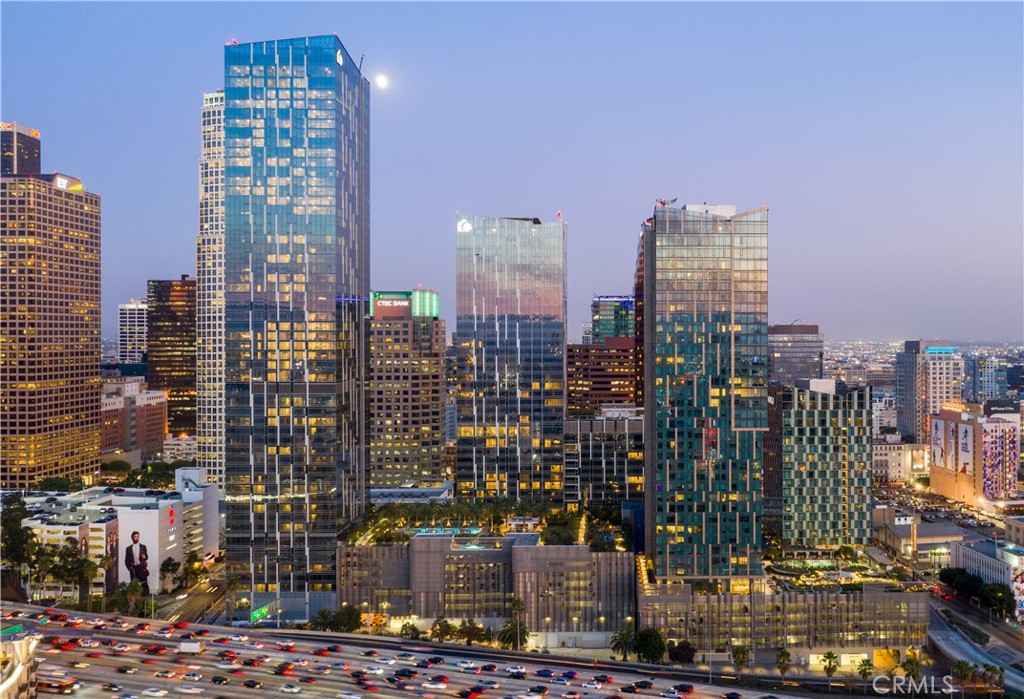 a city view with tall buildings