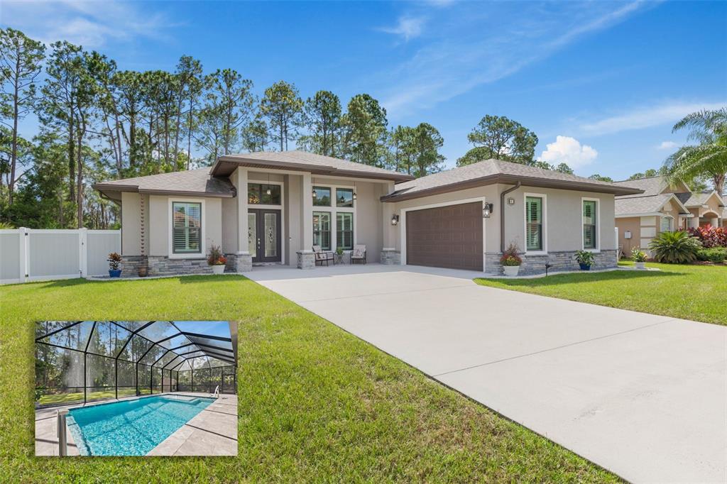 a view of house with swimming pool outdoor seating and yard