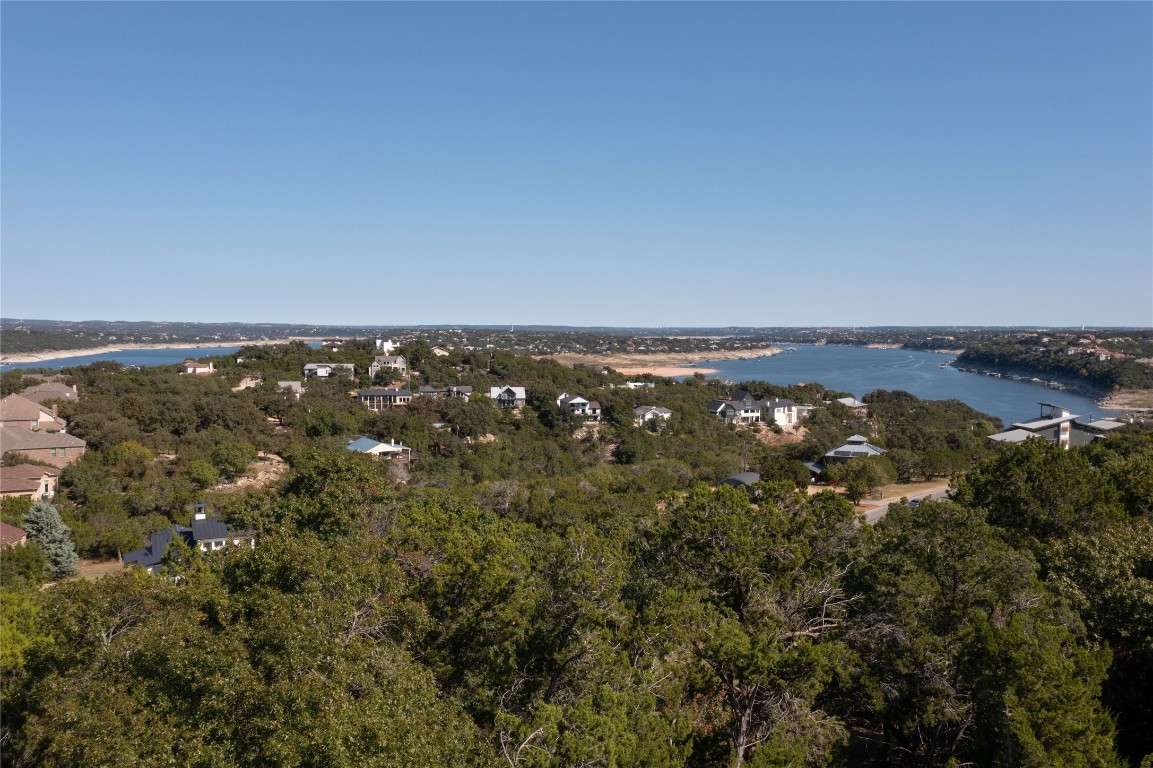 an aerial view of ocean and trees