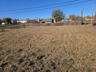 a view of a dry yard with wooden fence