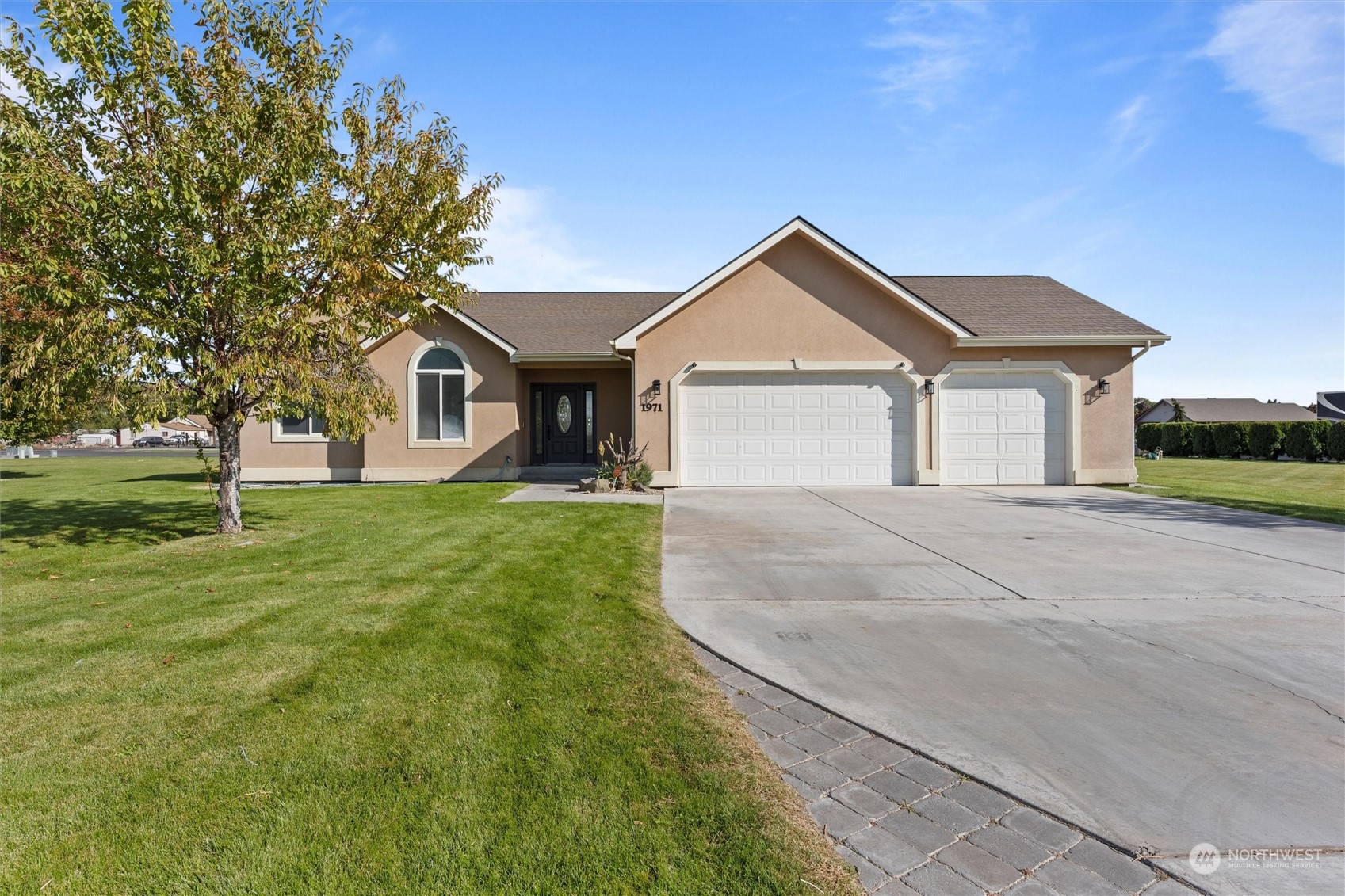 a front view of a house with yard and green space