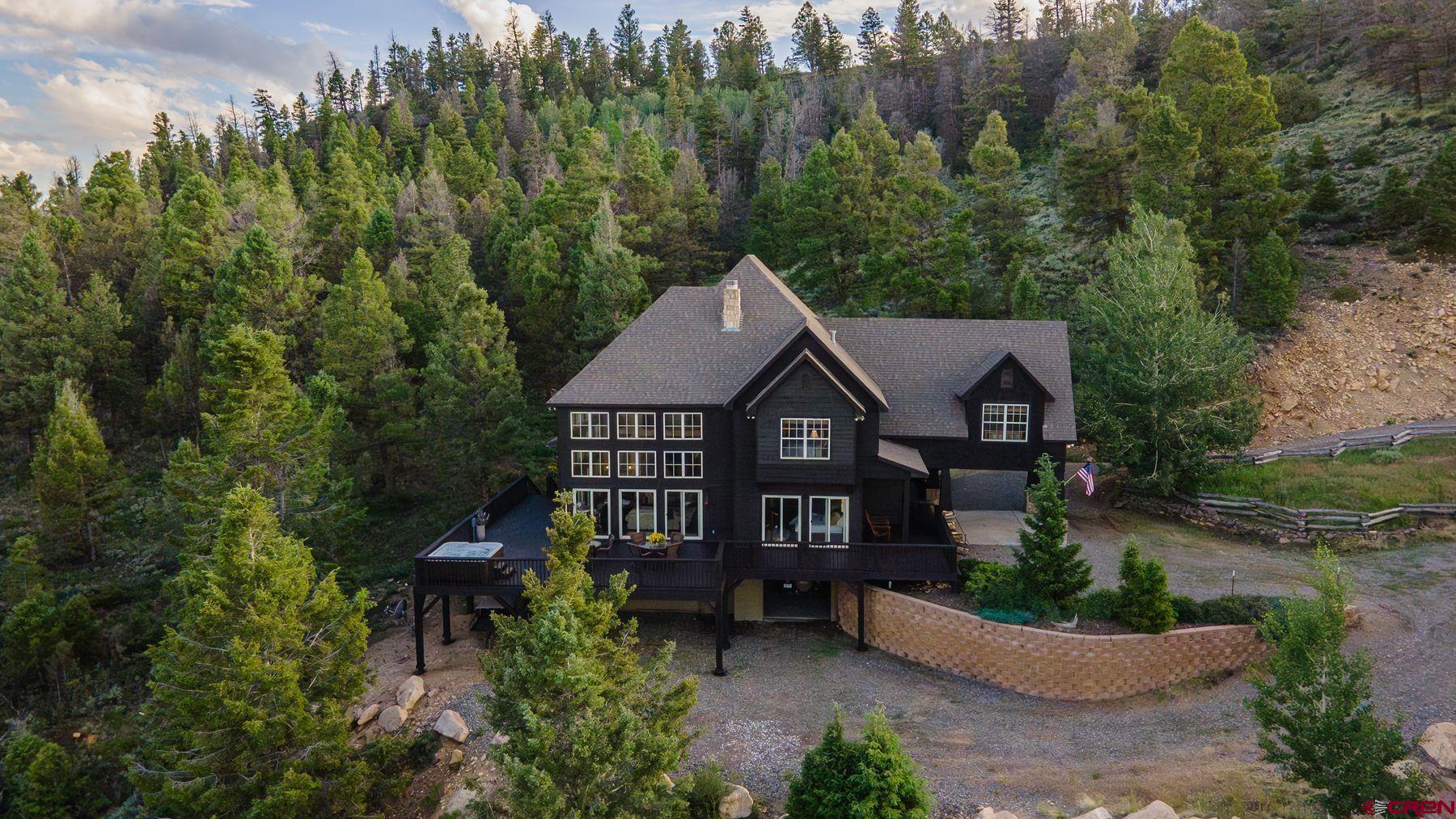 aerial view of a house with a yard and potted plants