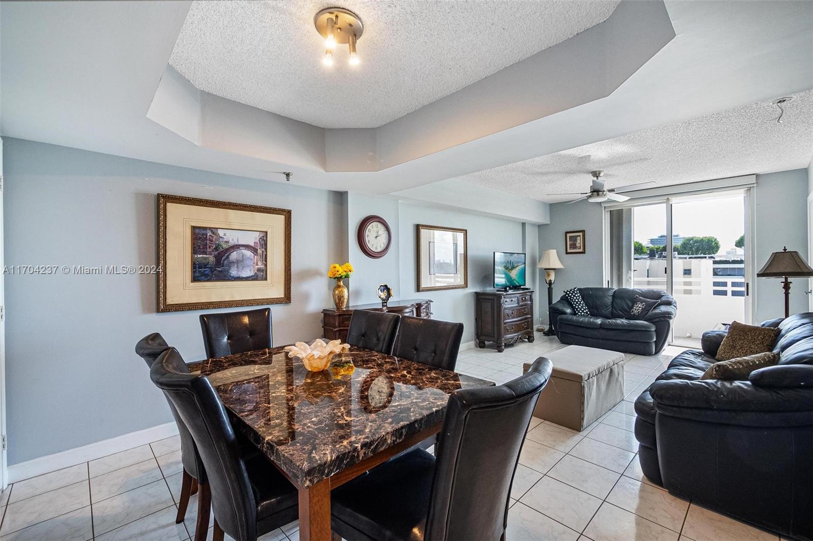 a view of a dining room with furniture