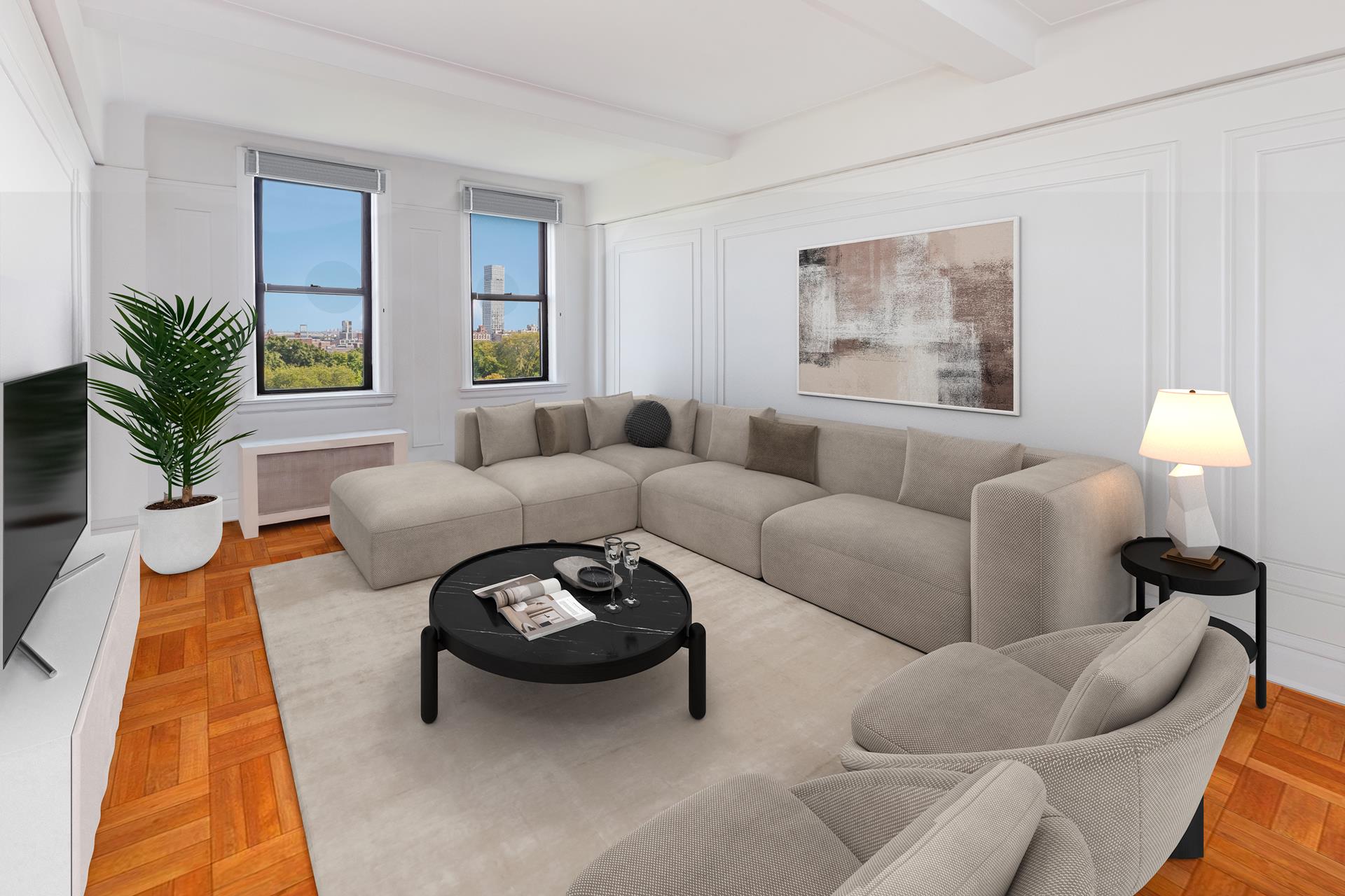 a living room with furniture and a lamp