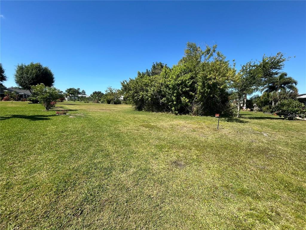 a view of a field with an trees in the background