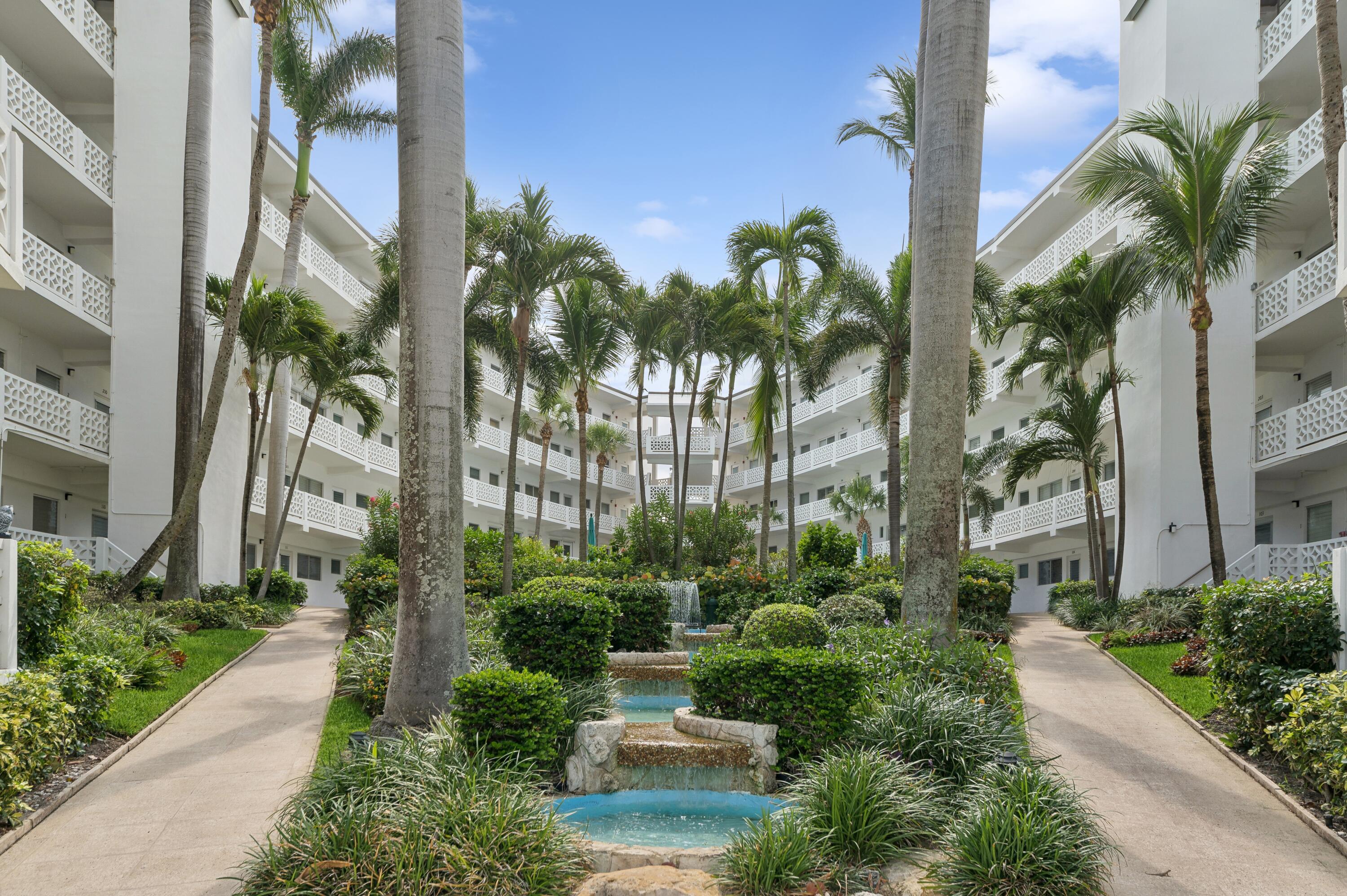 a view of a yard with a fountain