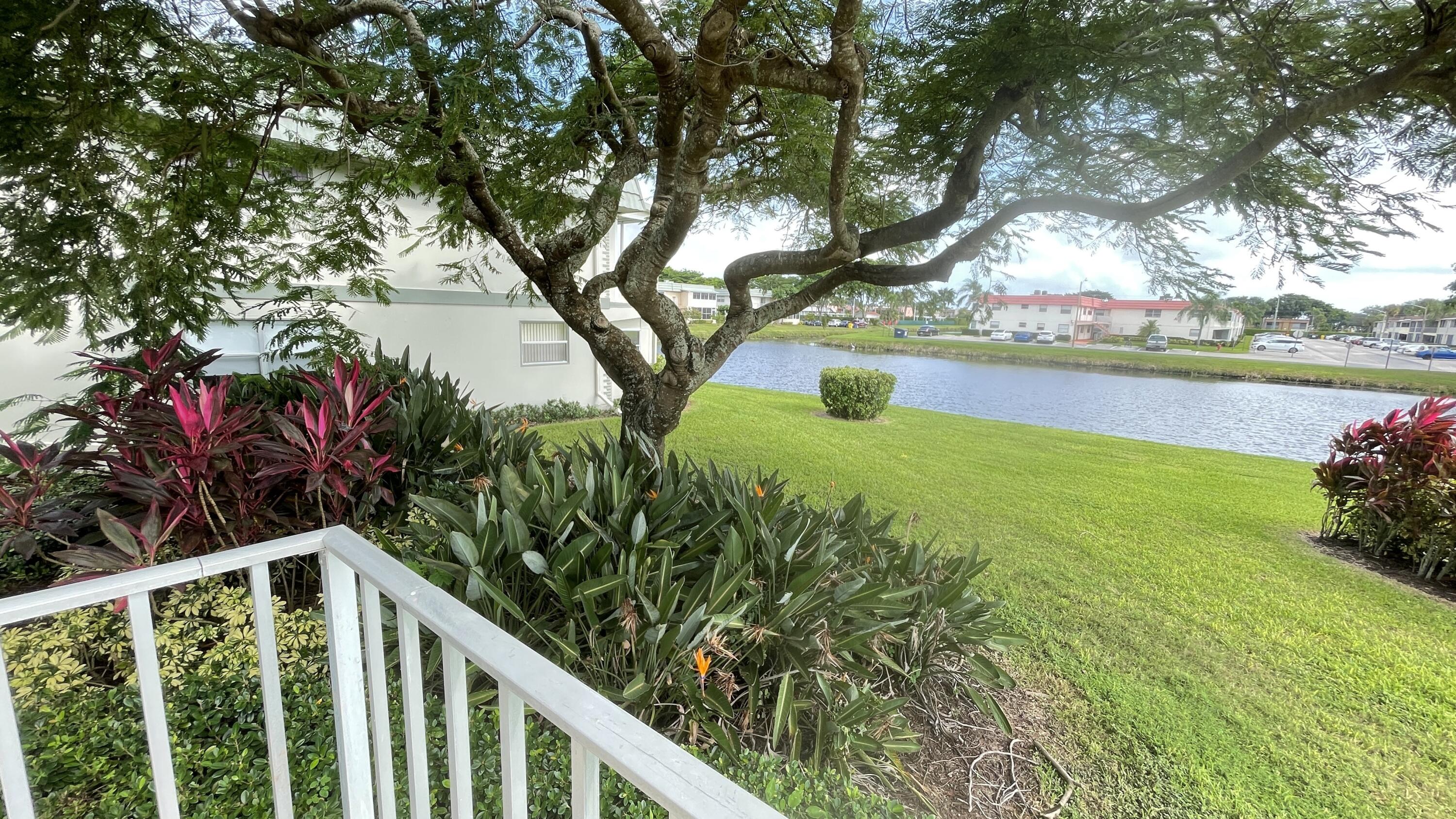 a view of a garden from a lake