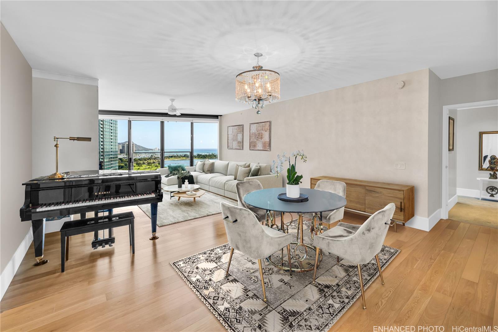 a living room with furniture a rug and a window