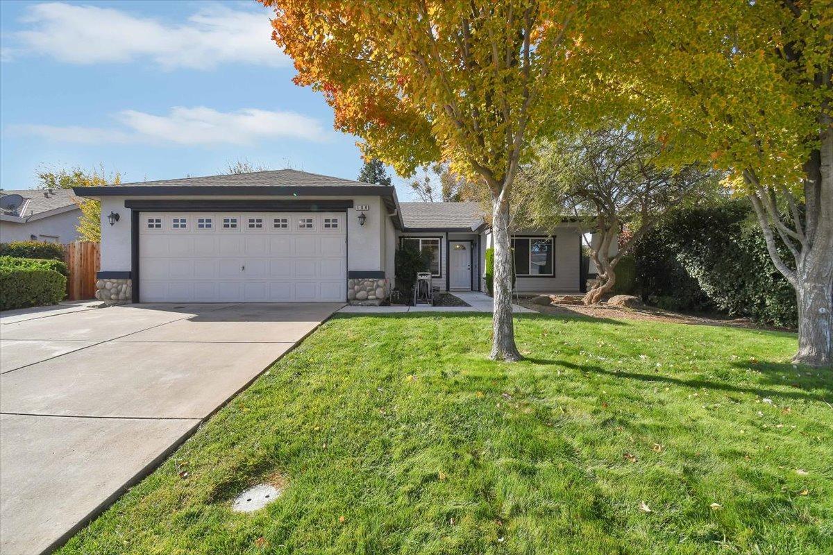 a front view of a house with yard and green space