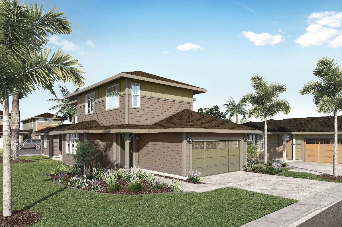 a front view of a house with a yard and potted plants