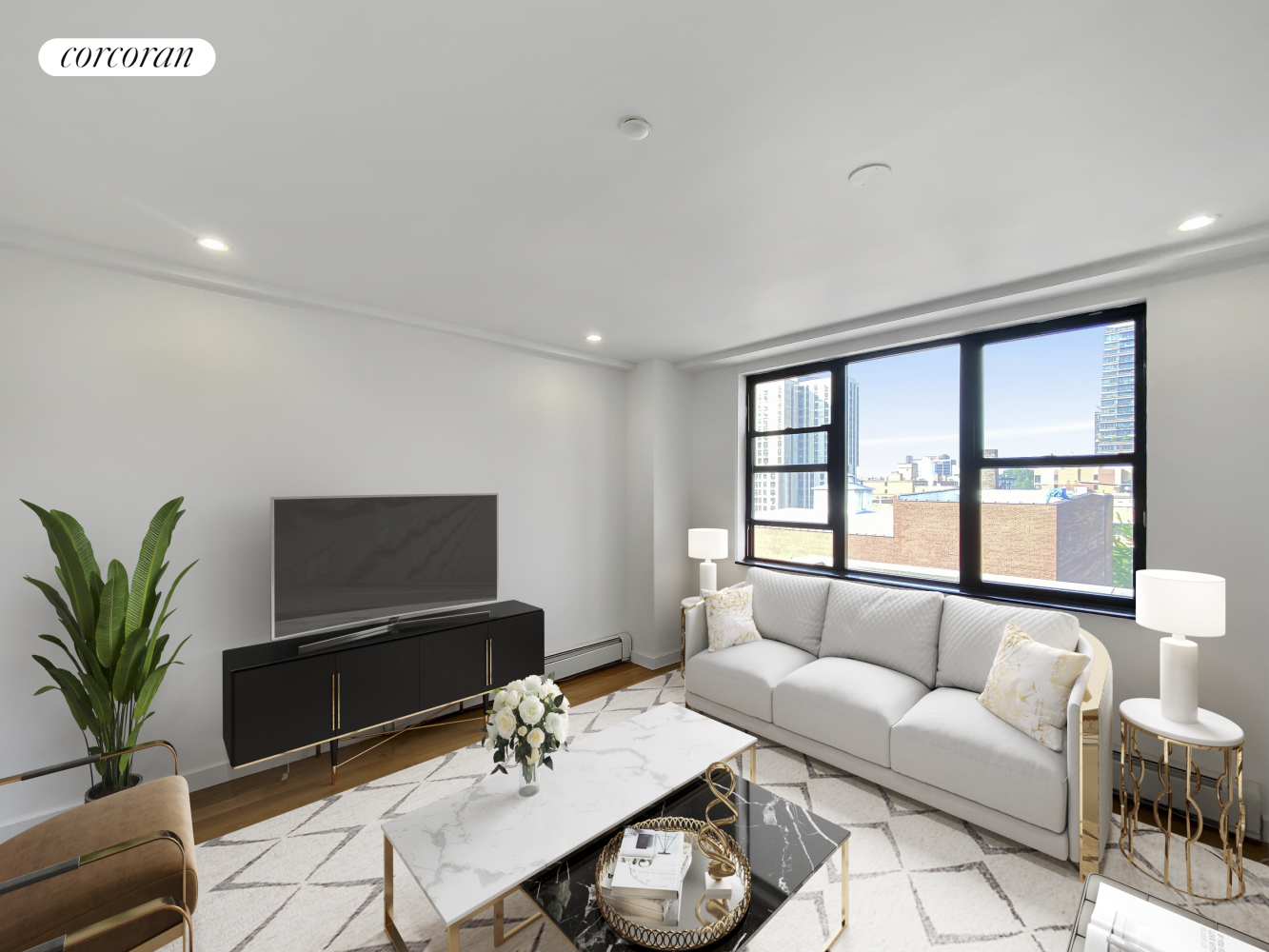 a living room with furniture a large window and a flat screen tv