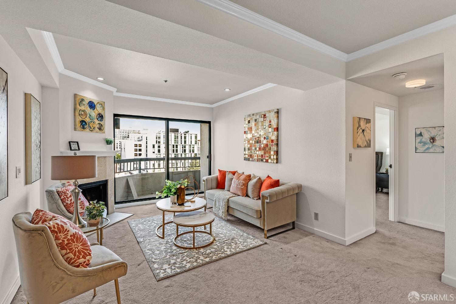 a living room with furniture a rug and a window