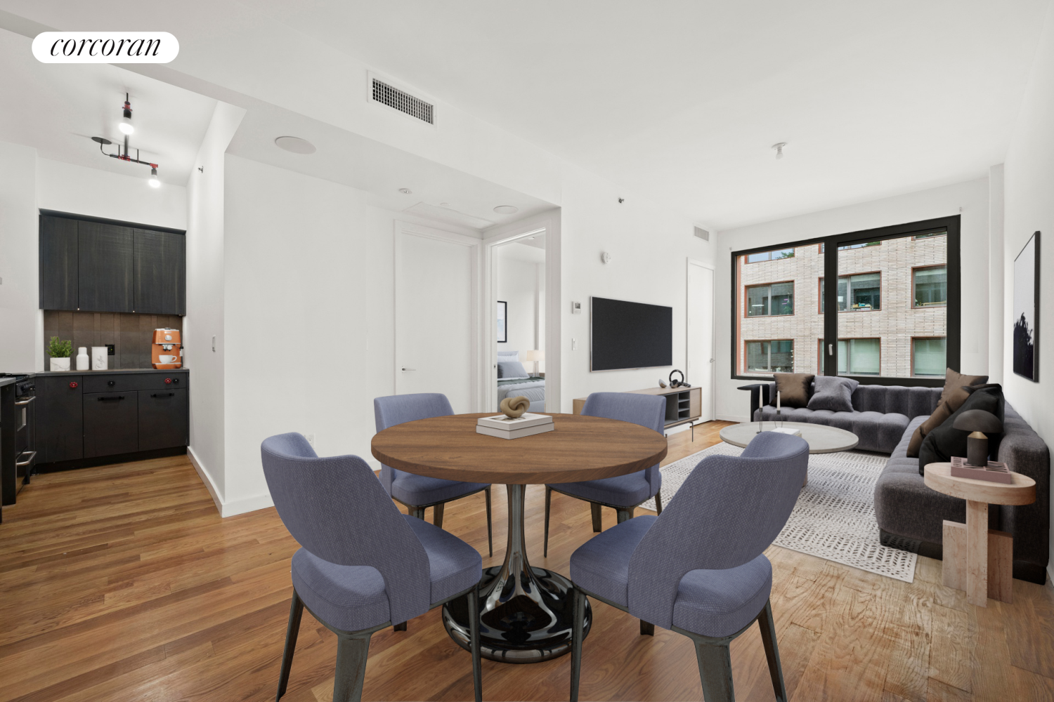 a view of a dining room with furniture