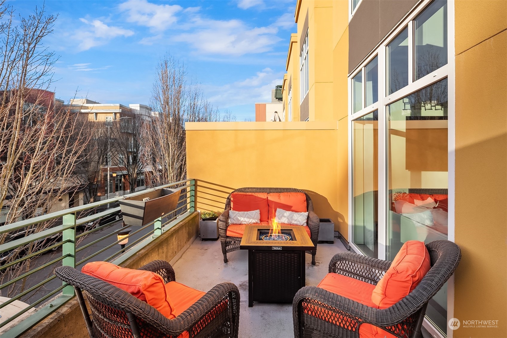 a building outdoor space with patio furniture