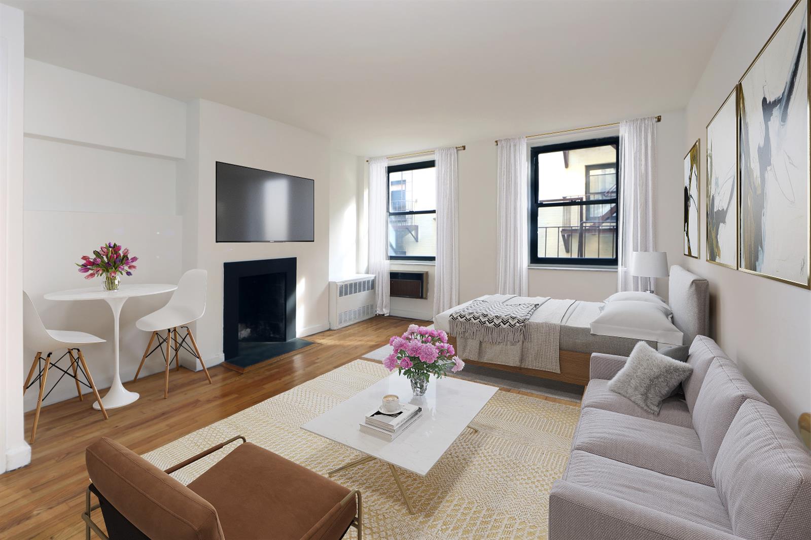 a living room with furniture fireplace and window