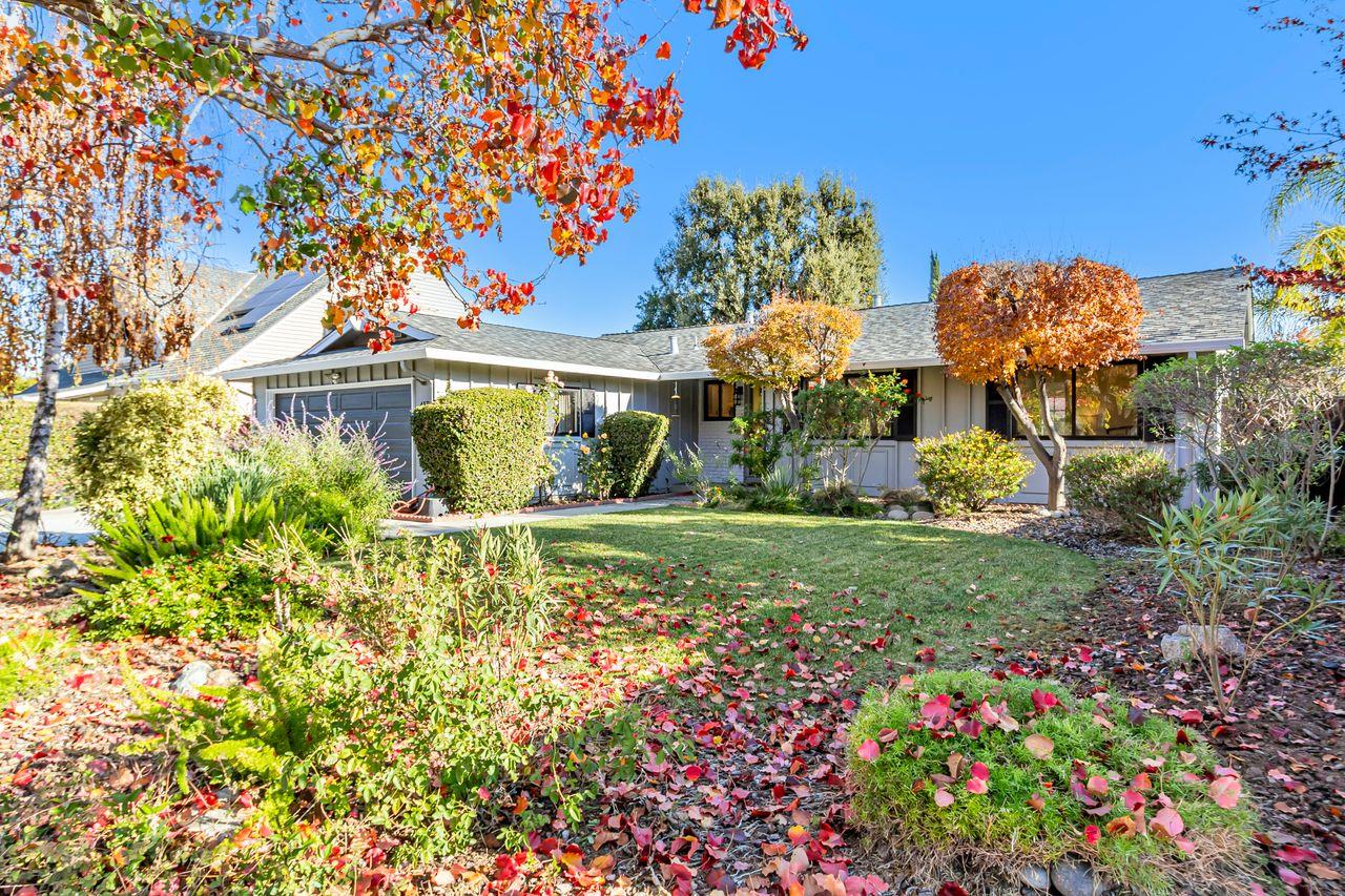 a view of a house with a big yard and potted plants