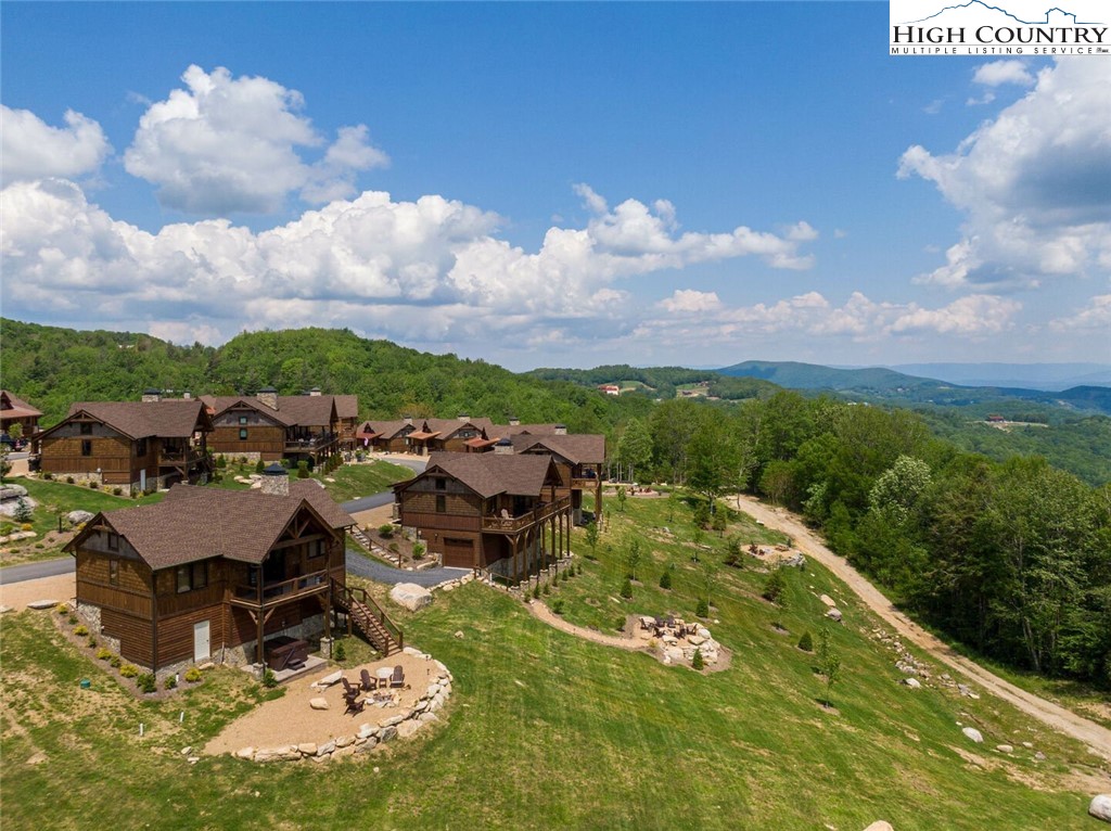 an aerial view of residential houses with outdoor space and trees all around