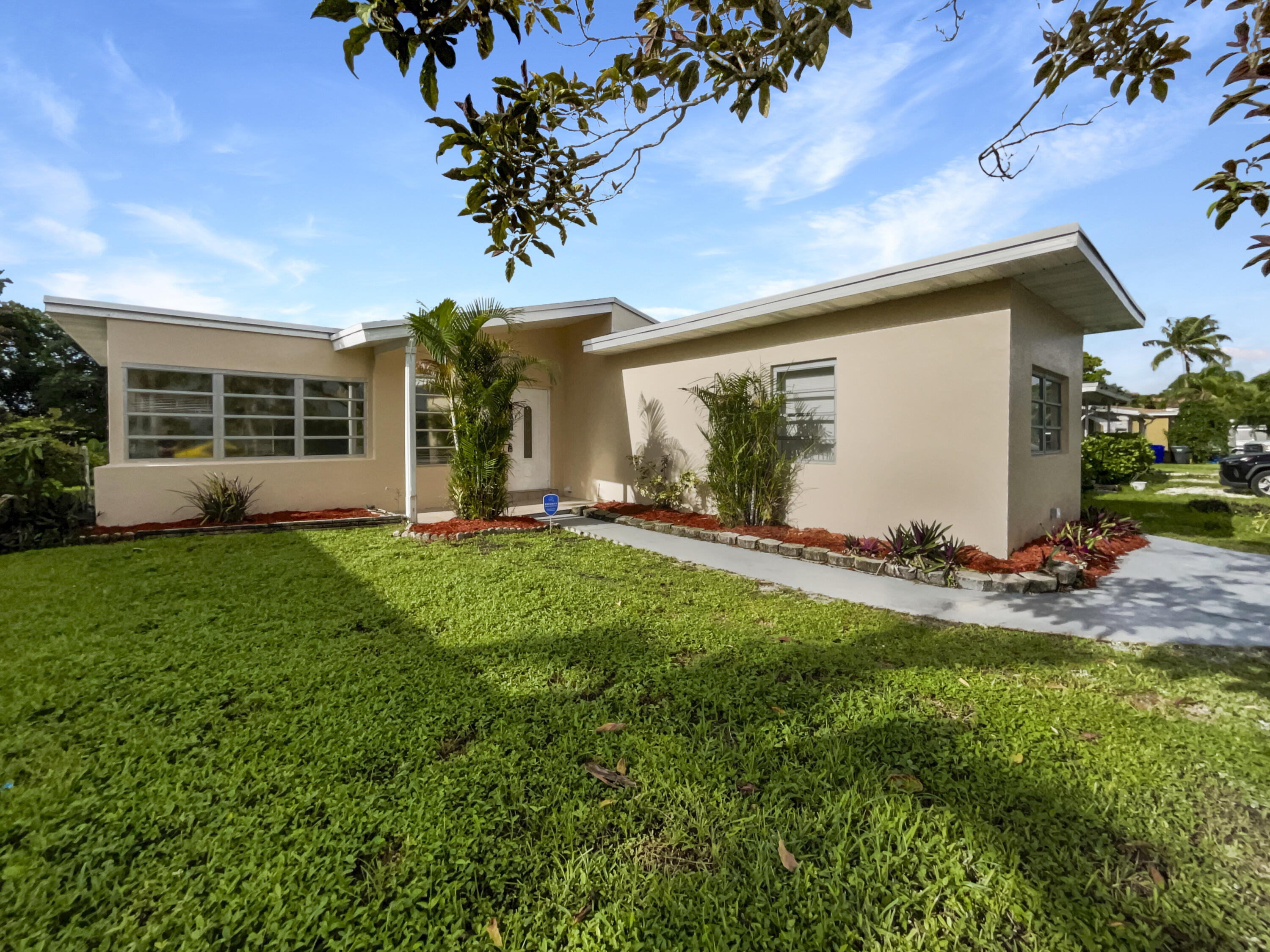 a view of a house with backyard and a tree