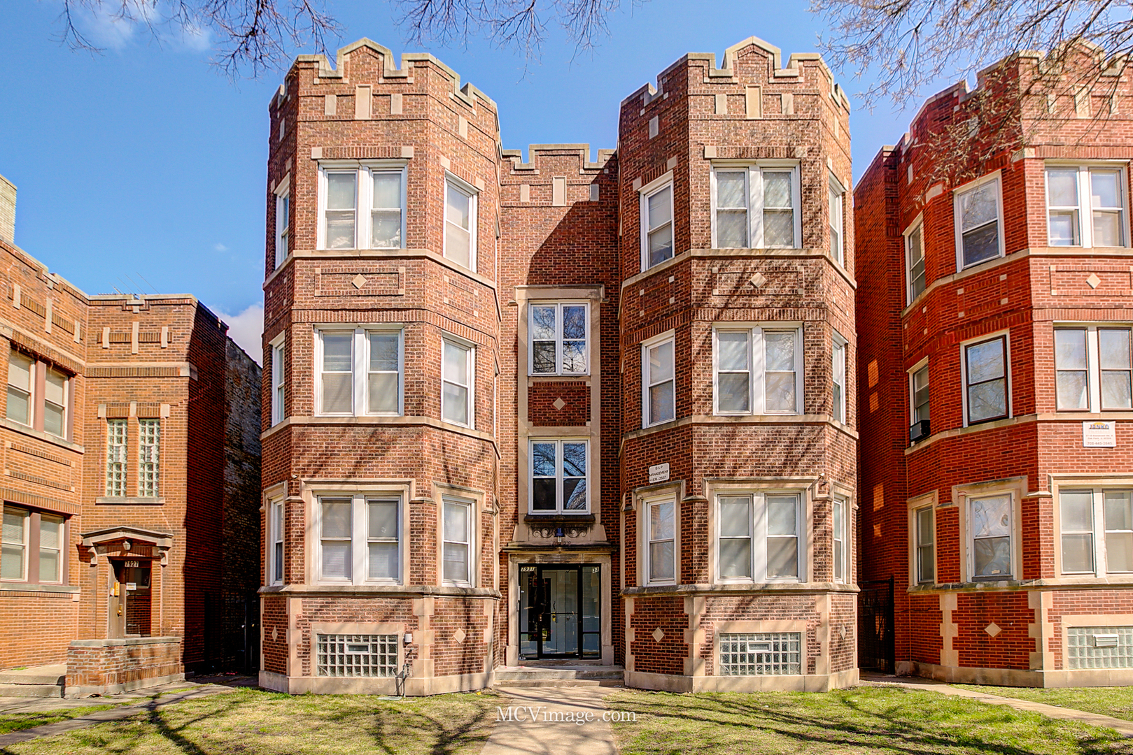 a front view of a multi story building