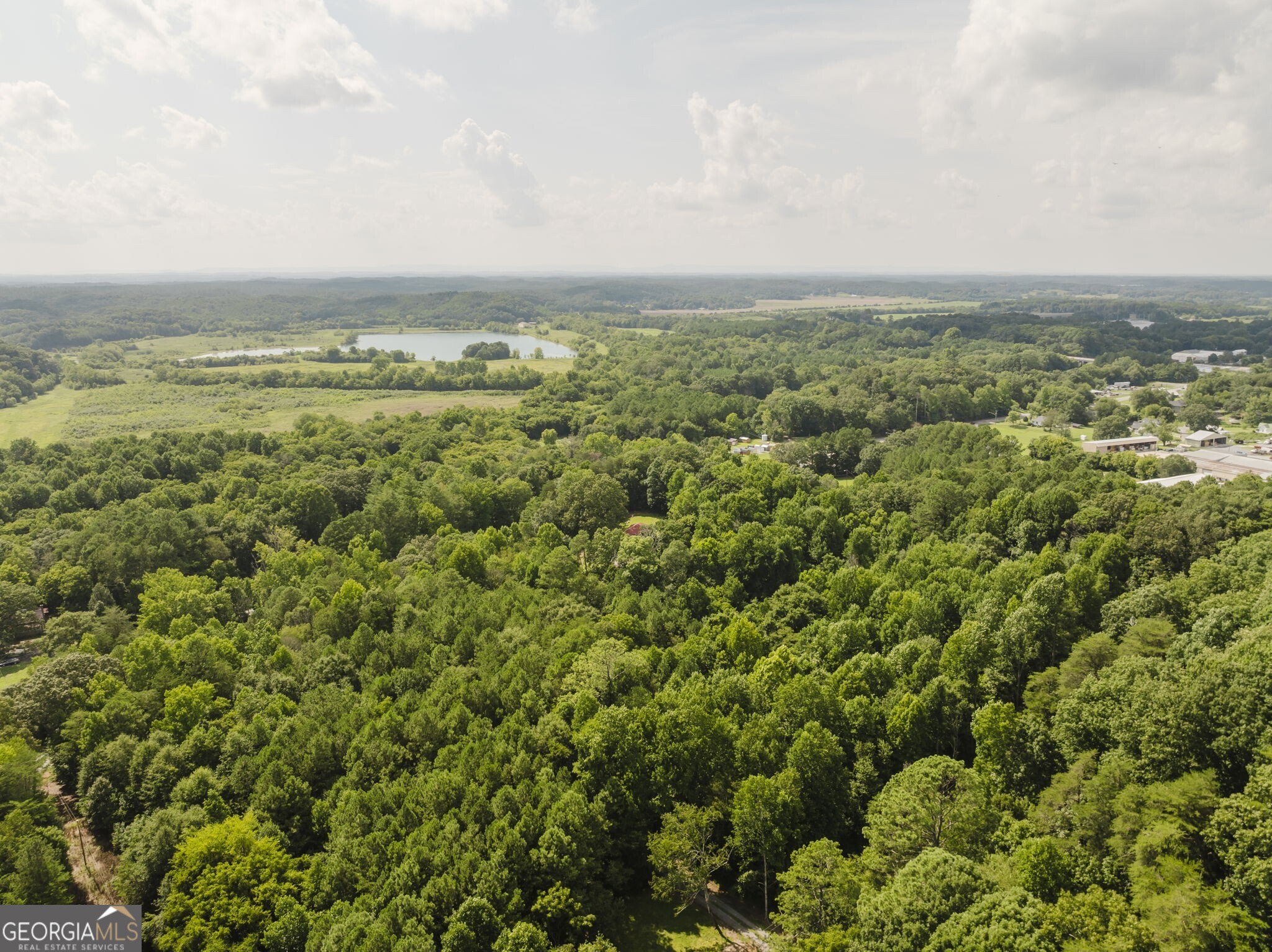 an aerial view of houses covered in trees