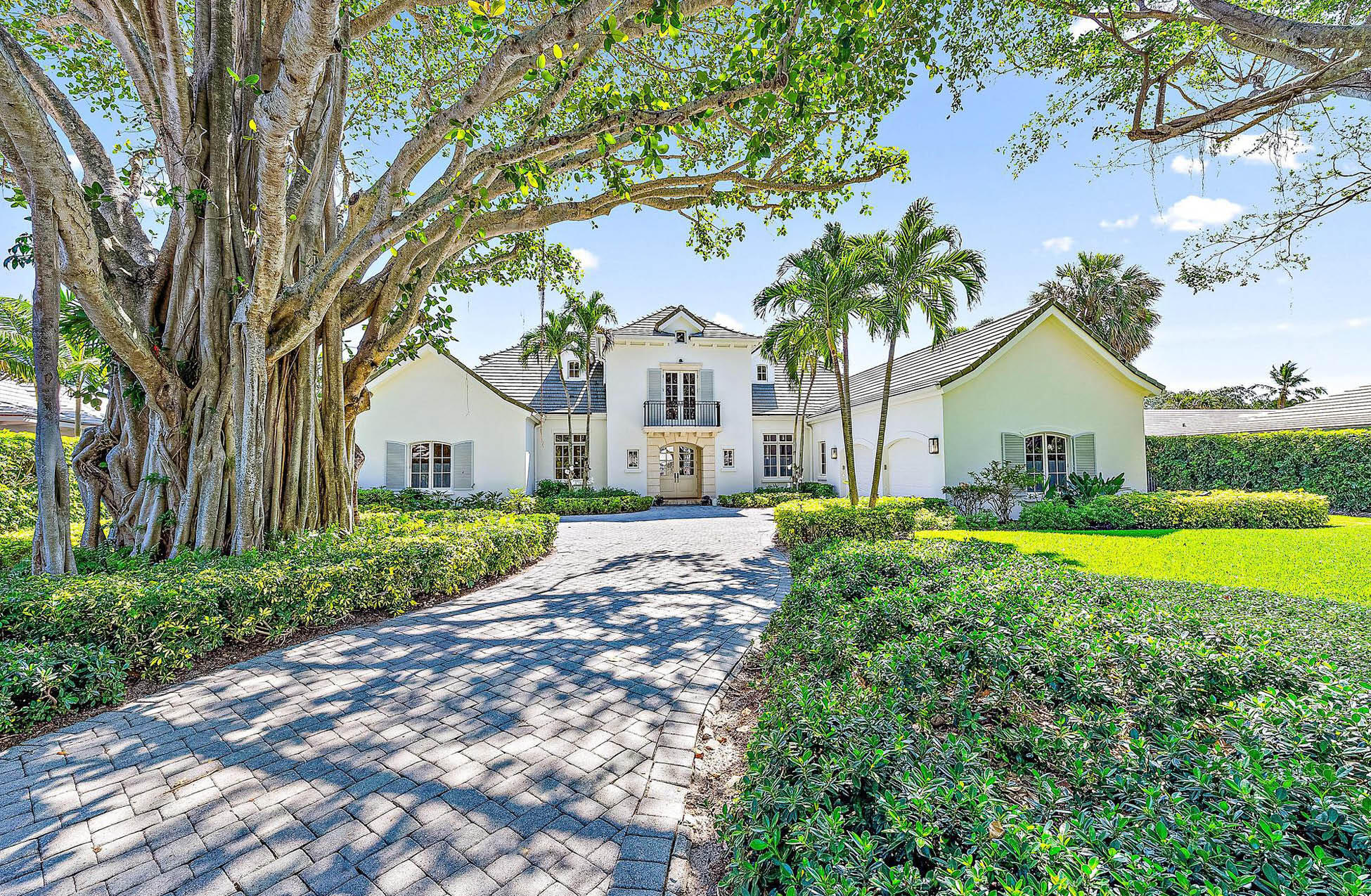 a front view of a house with yard and green space