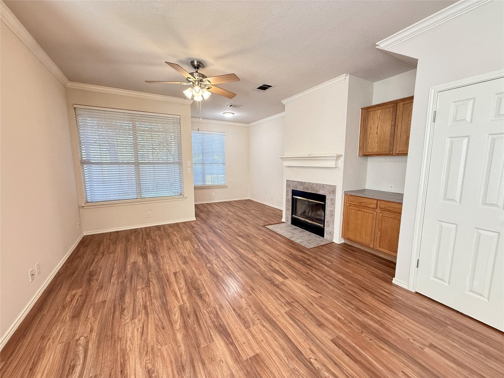 Living room with fireplace and built ins