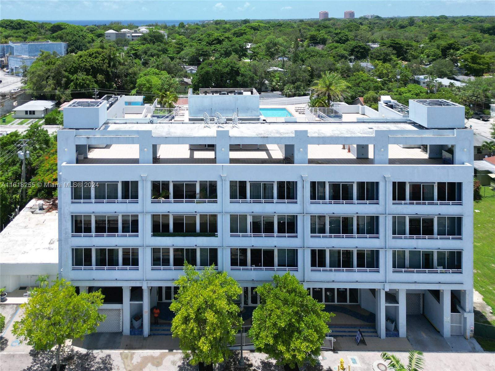 a front view of a multi story building