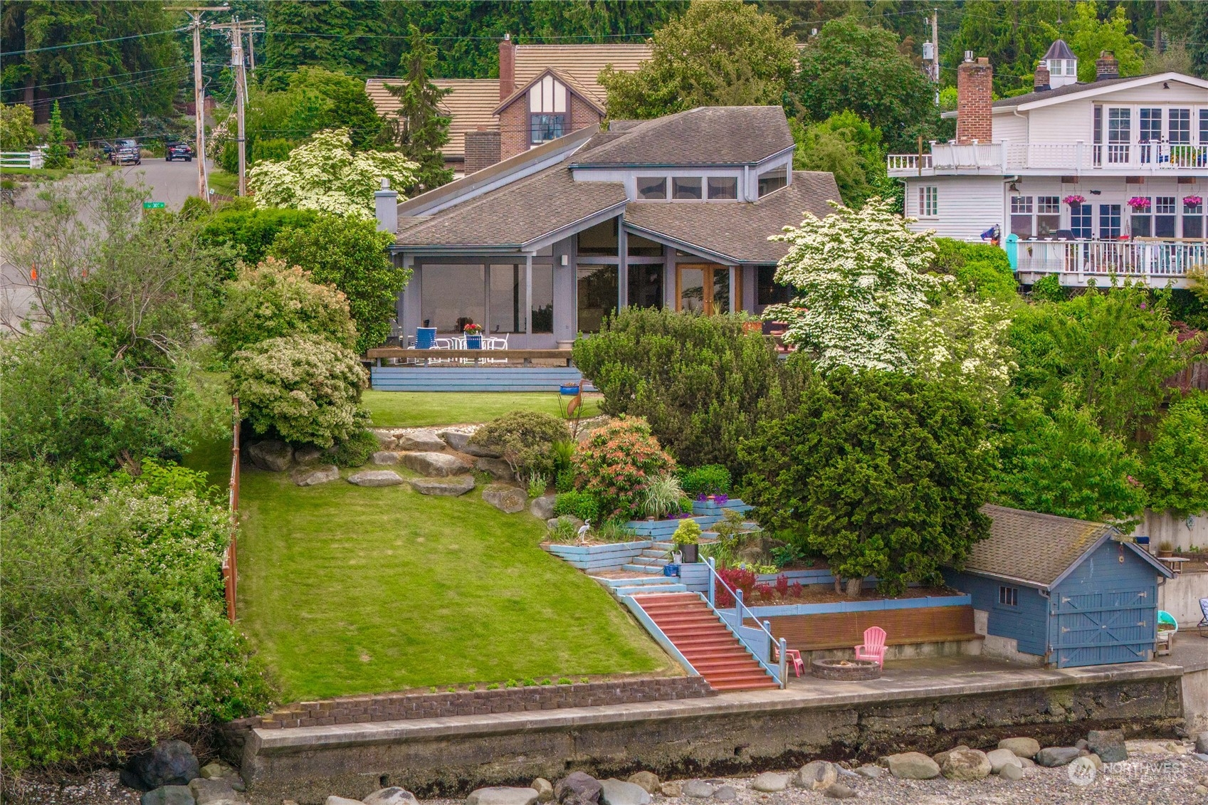 a aerial view of a house with garden