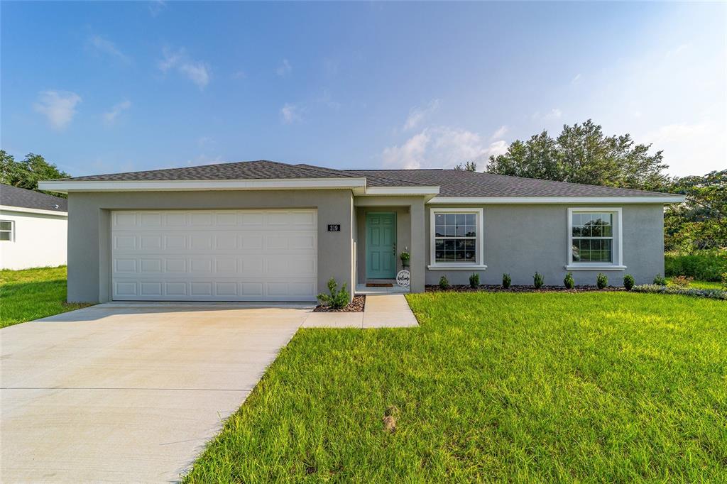 a front view of house with yard and green space