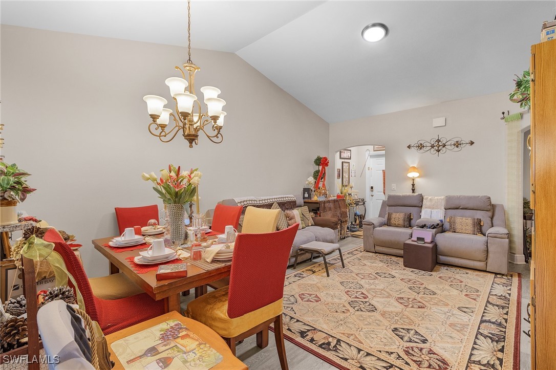 a view of a dining room with furniture