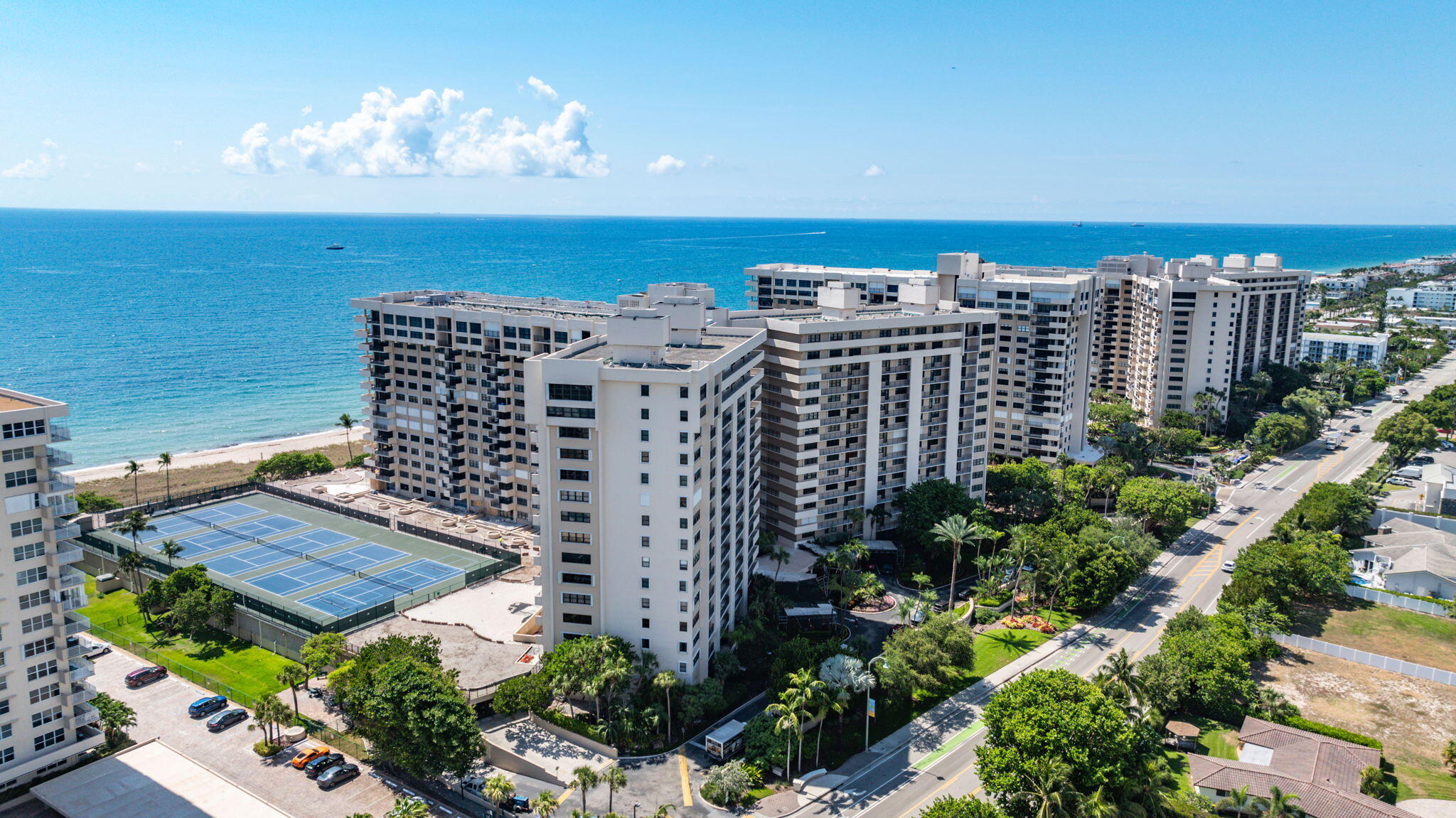 a view of a building with an ocean view