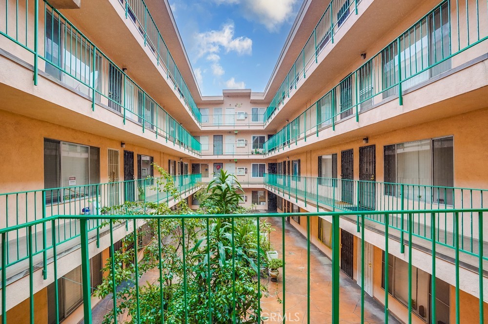 a view of a building from a balcony