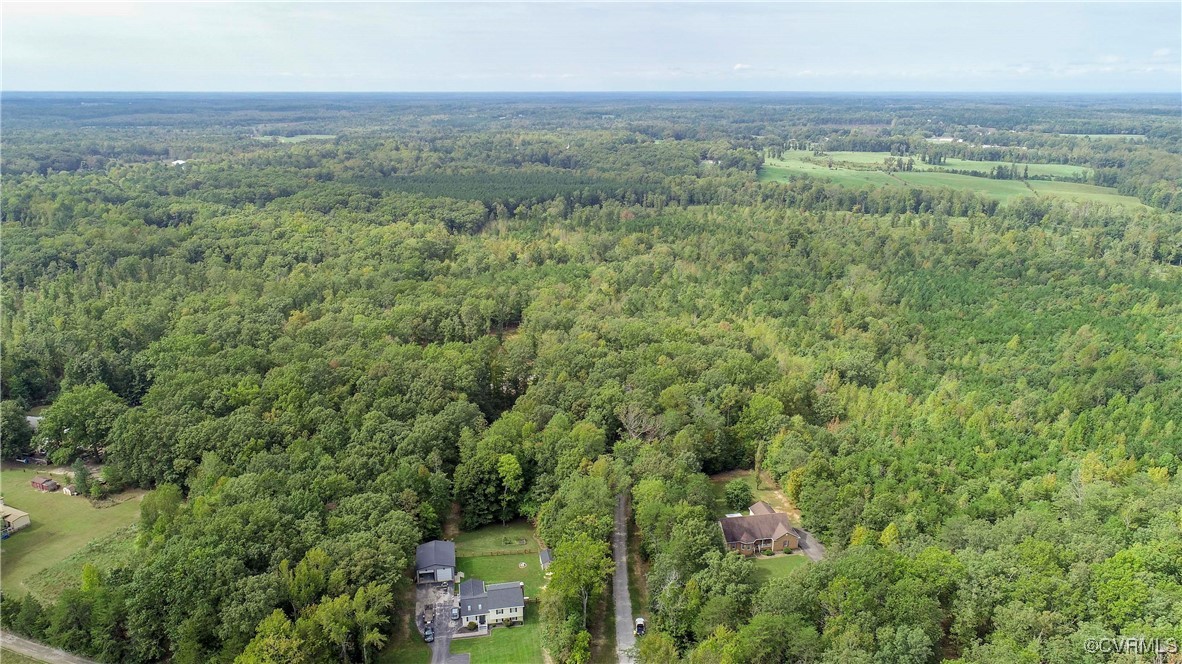 an aerial view of residential houses with outdoor space and trees