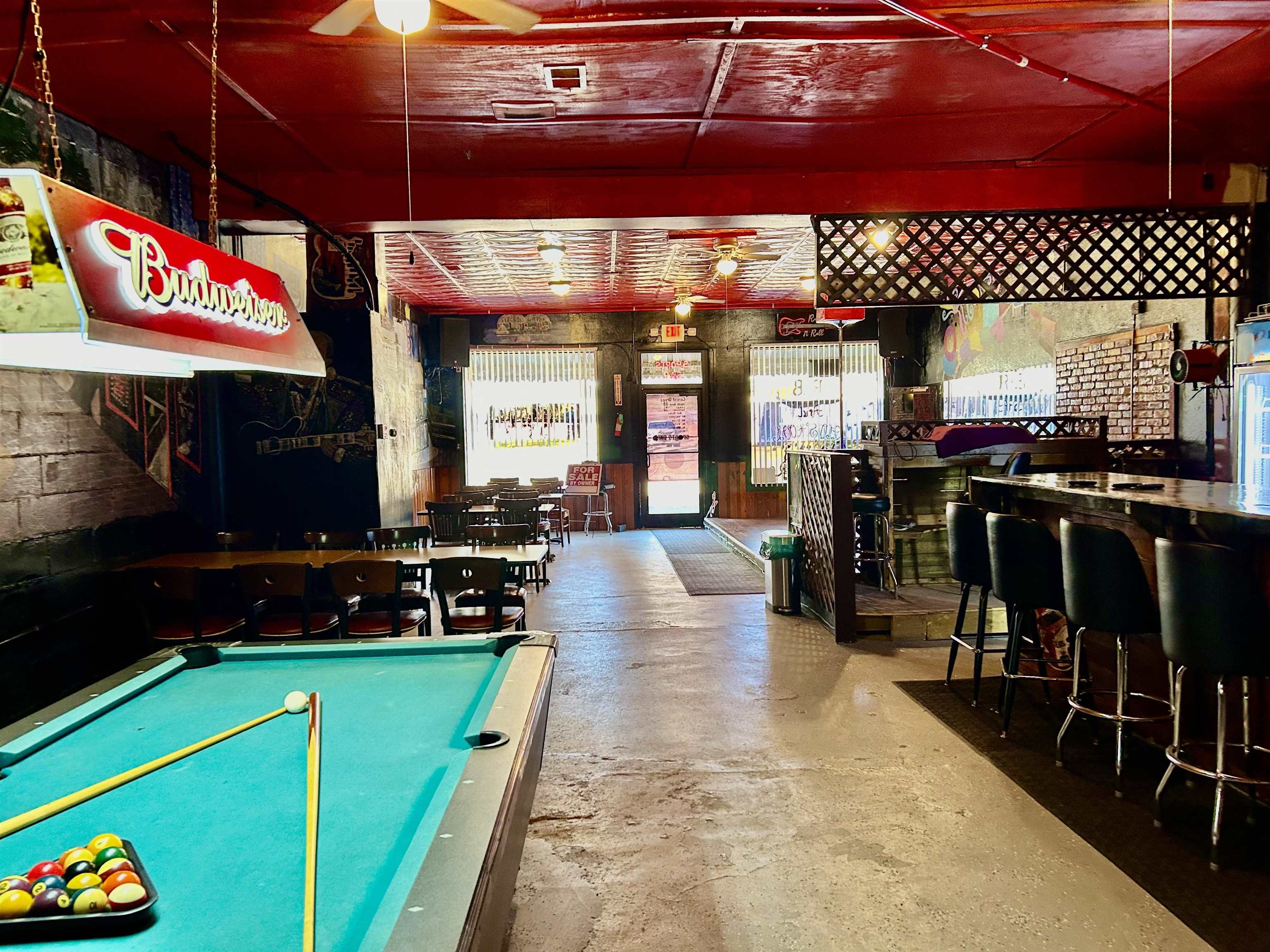 Rec room featuring concrete floors, ceiling fan, and pool table