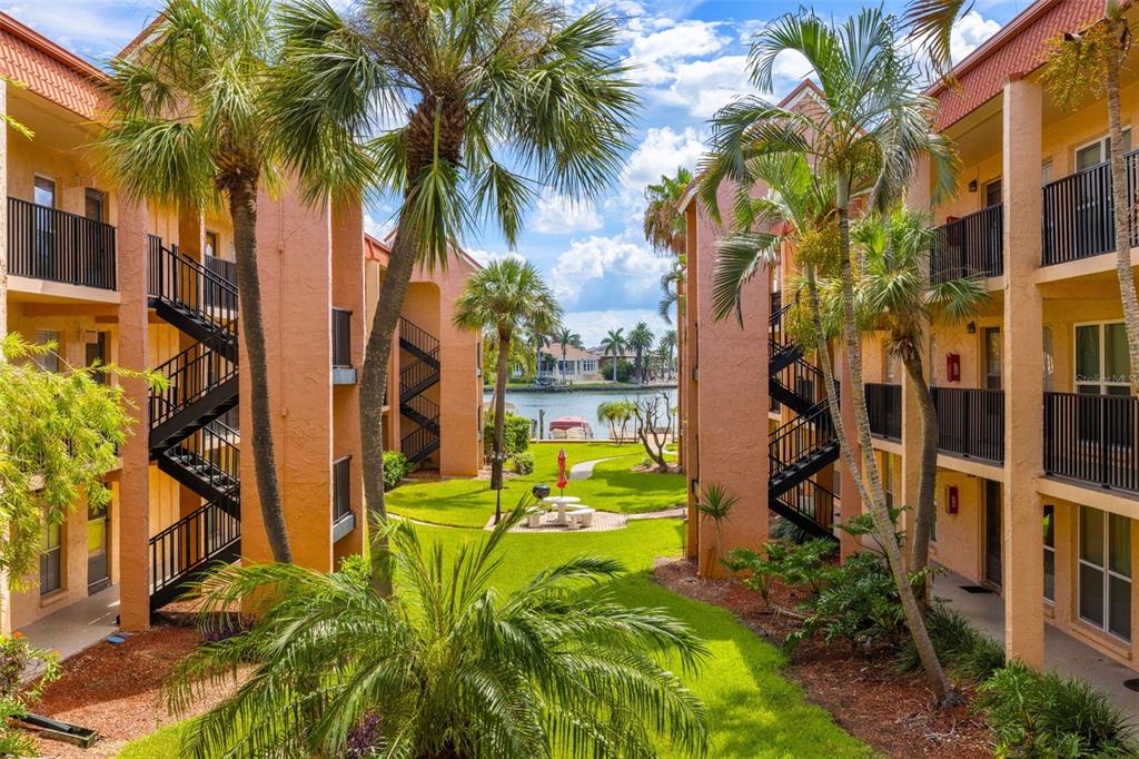 a view of a palm trees front of house