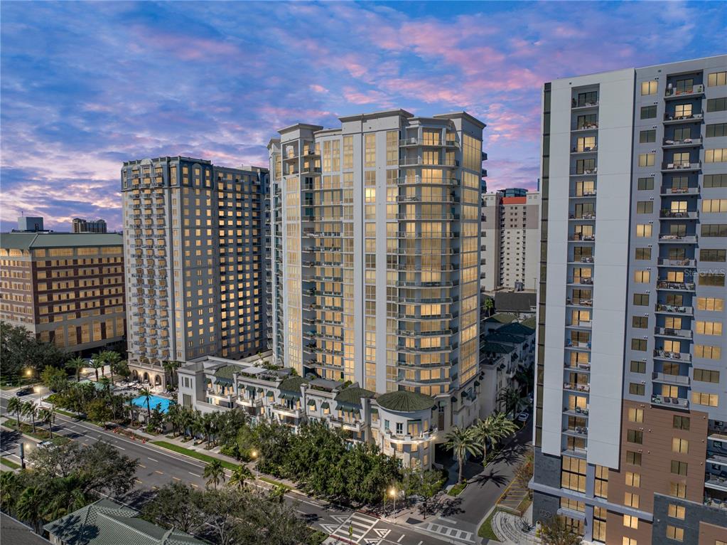 a city view with tall buildings