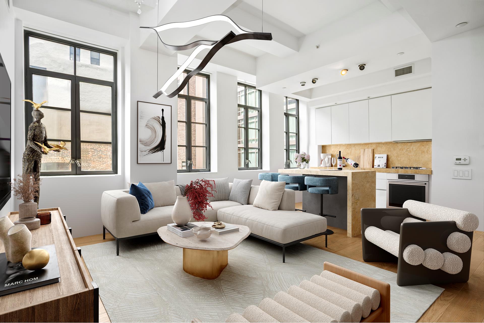 a living room with furniture and a floor to ceiling window