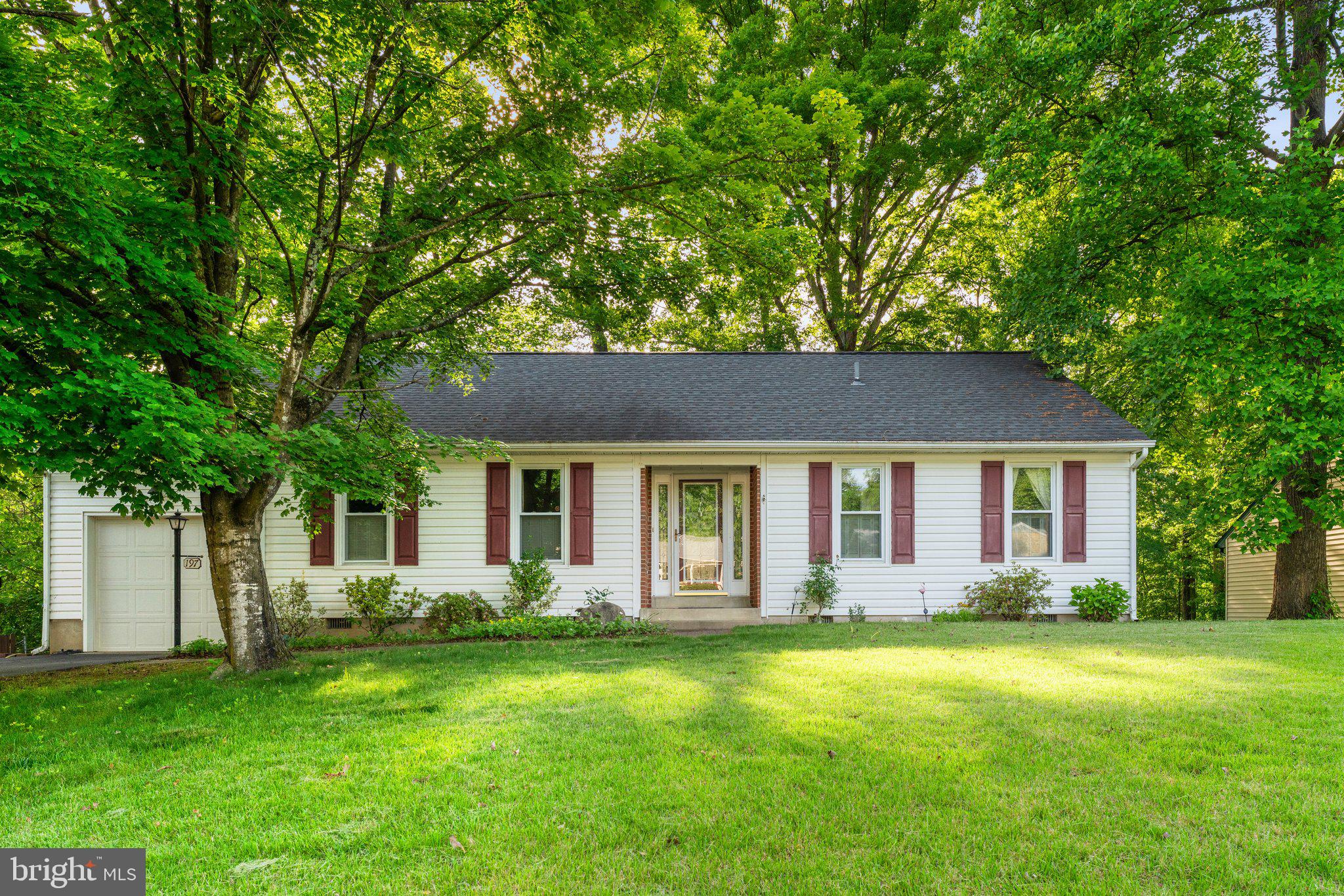 a front view of house with yard and green space