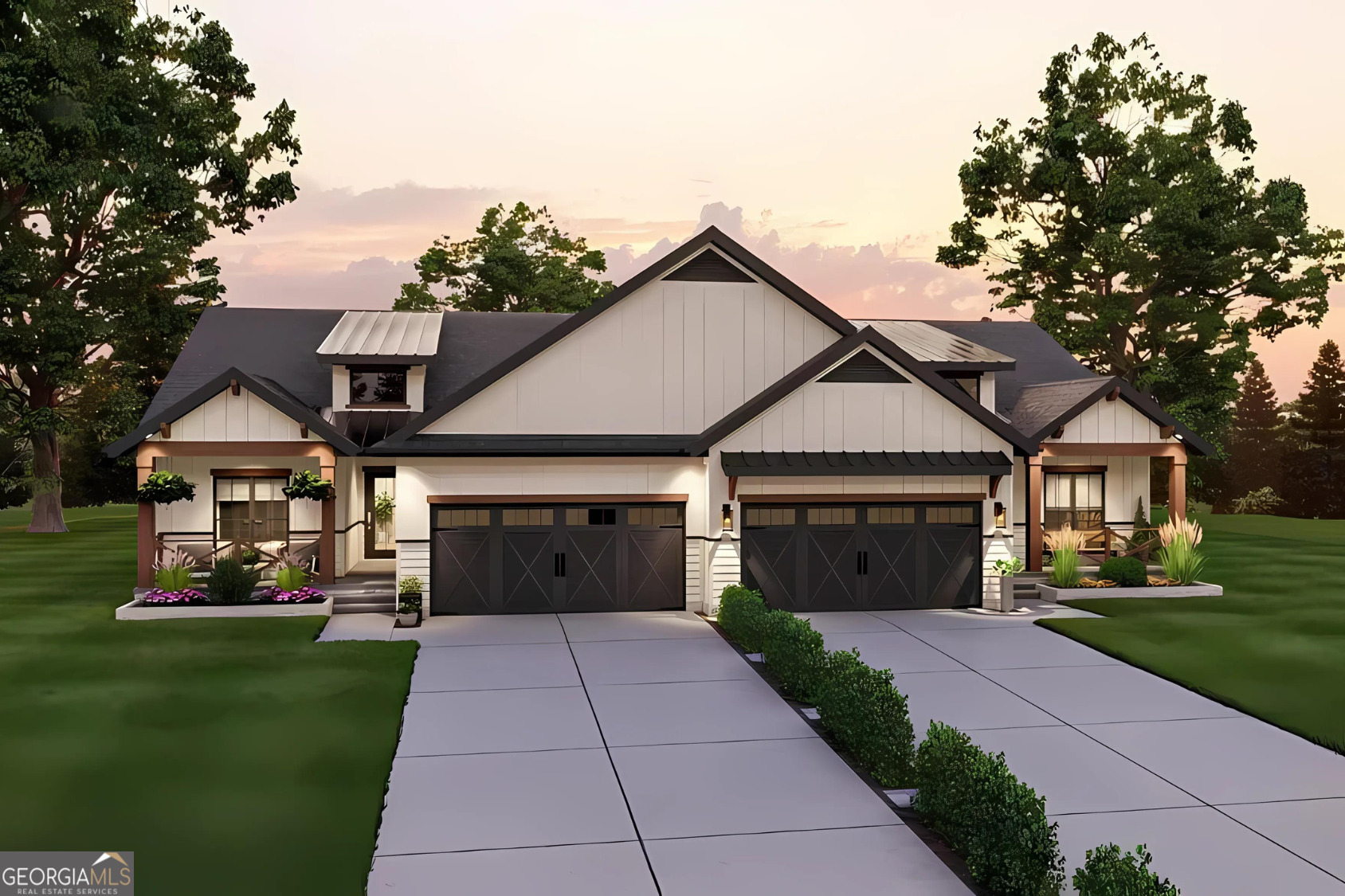 a front view of a house with a garden and trees