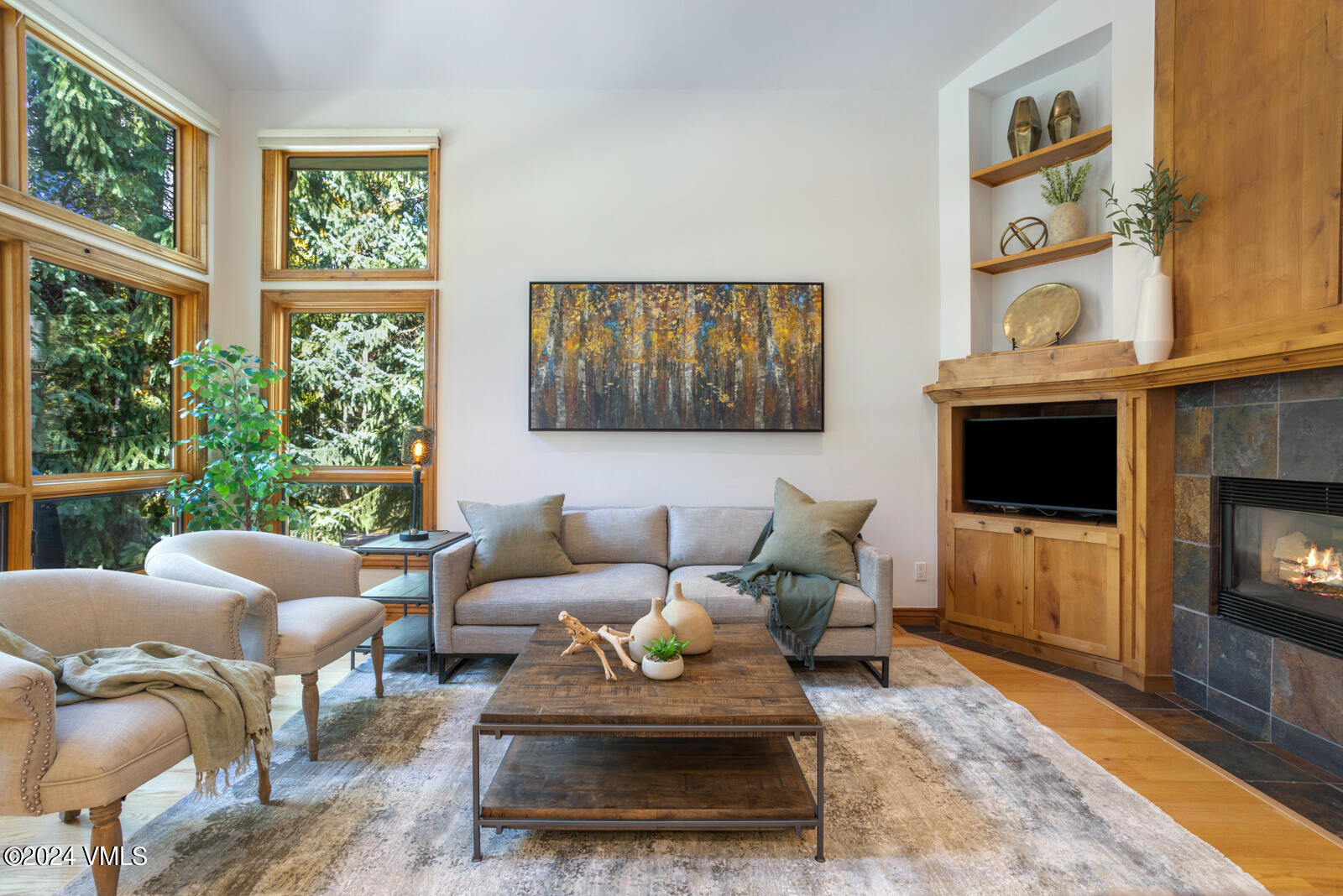 a living room with furniture a flat screen tv and a fireplace