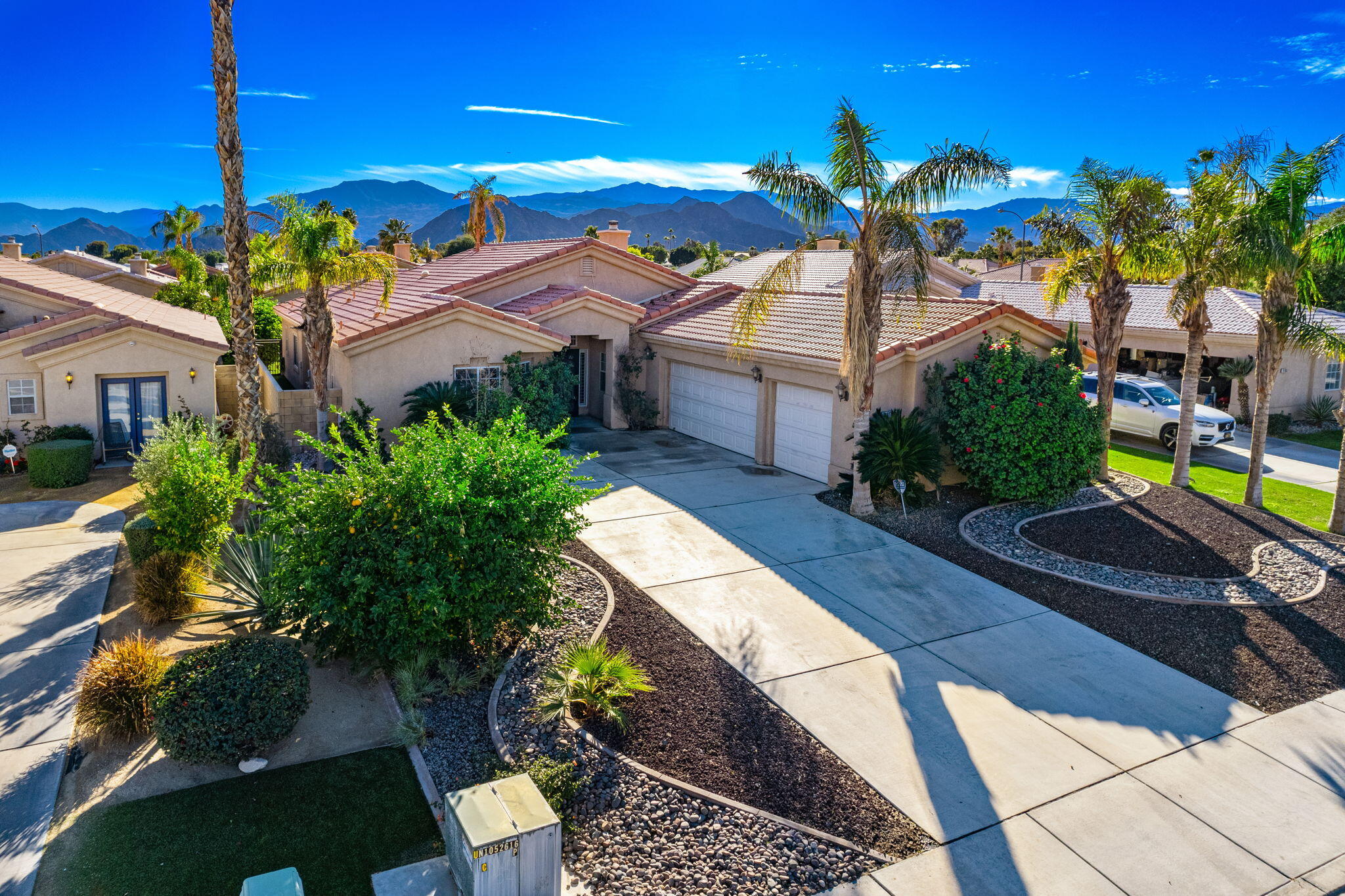 a view of a house with a yard and potted plants