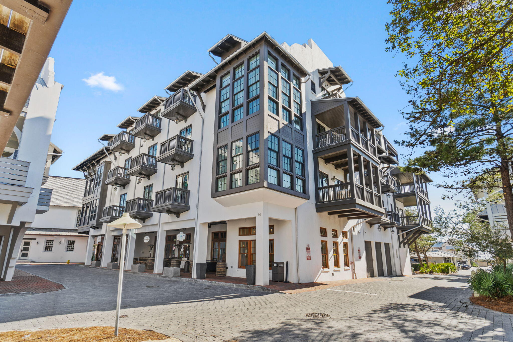 a view of a building with a street