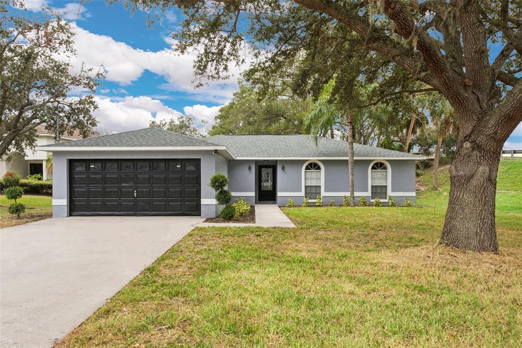 a front view of house with yard and green space