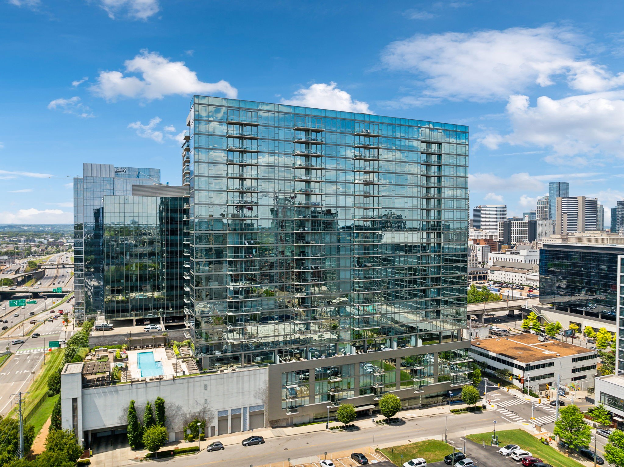 a view of a city with tall buildings