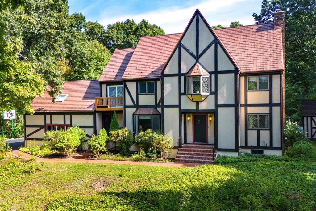 a front view of a house with yard and green space