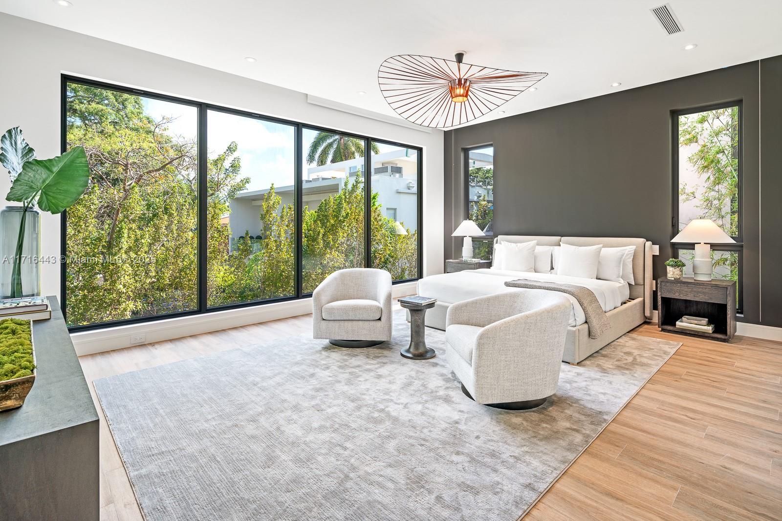 a spacious bedroom with a bed and a large window