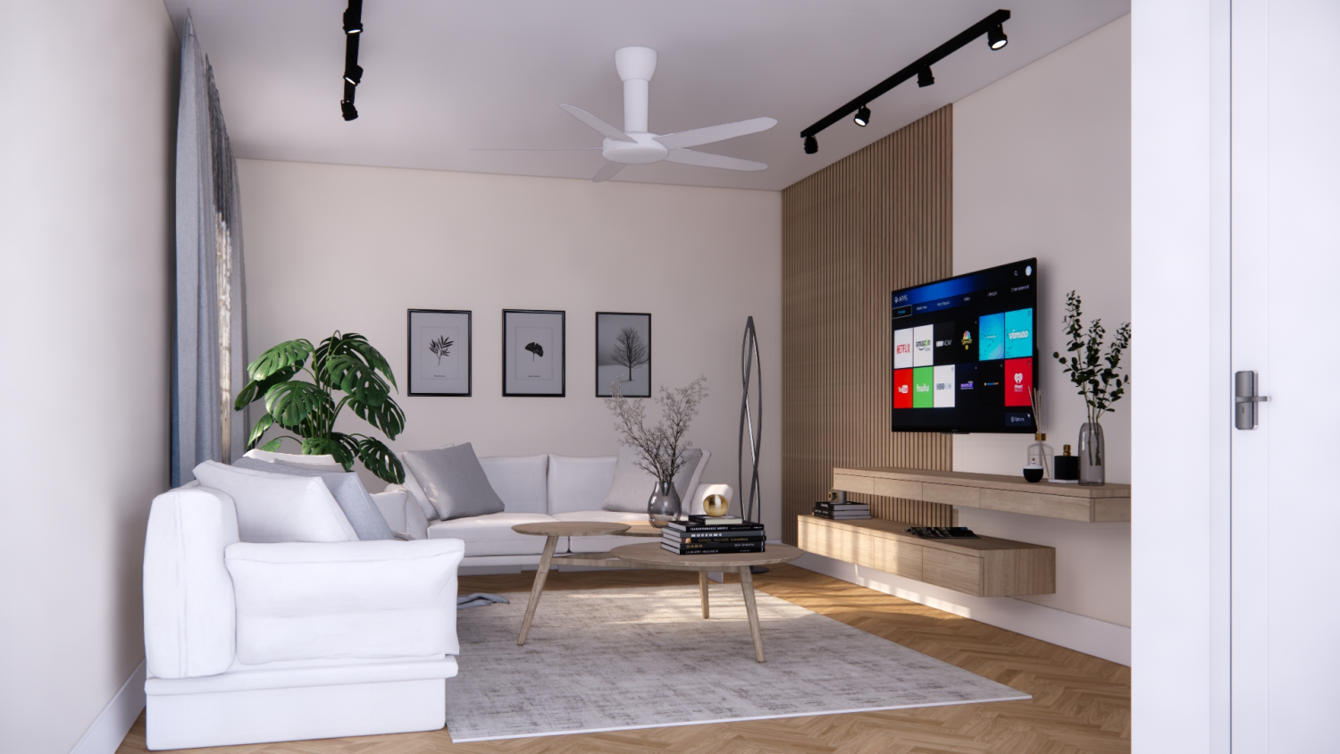 a living room with furniture and wooden floor