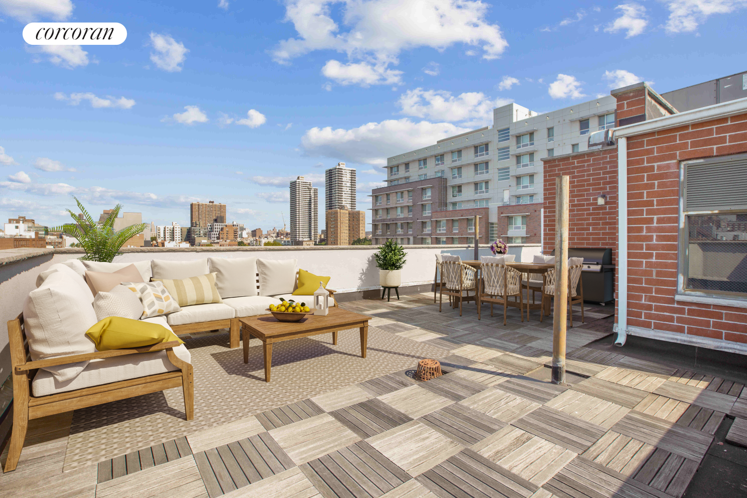 a building outdoor space with patio furniture